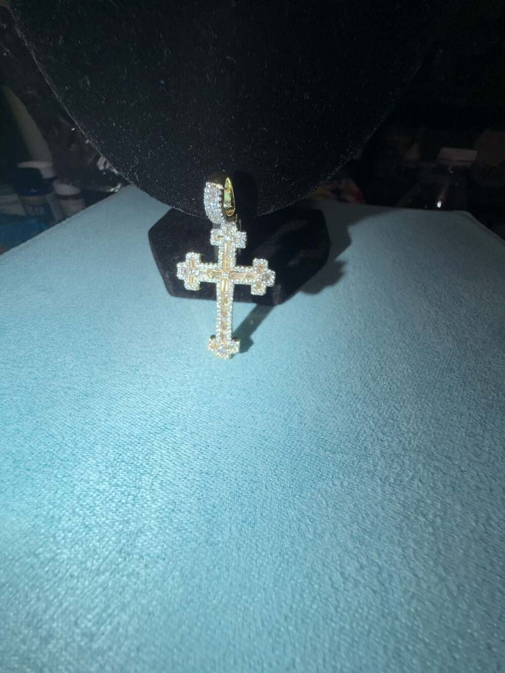 Thermal infused 14k Gold Baguette ice cz Cross Pendant